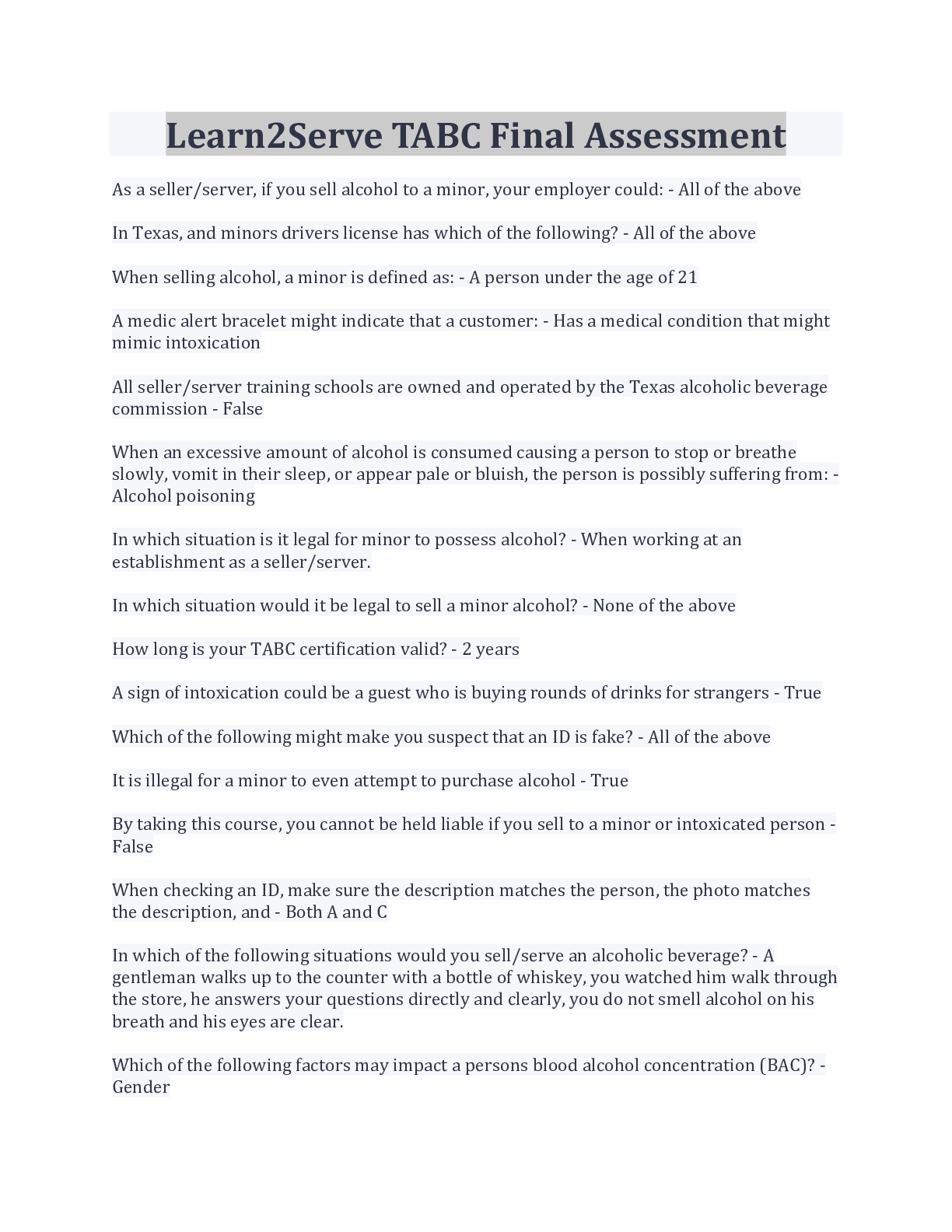 Preview image for Learn2Serve TABC Final Assessment 100% Correct